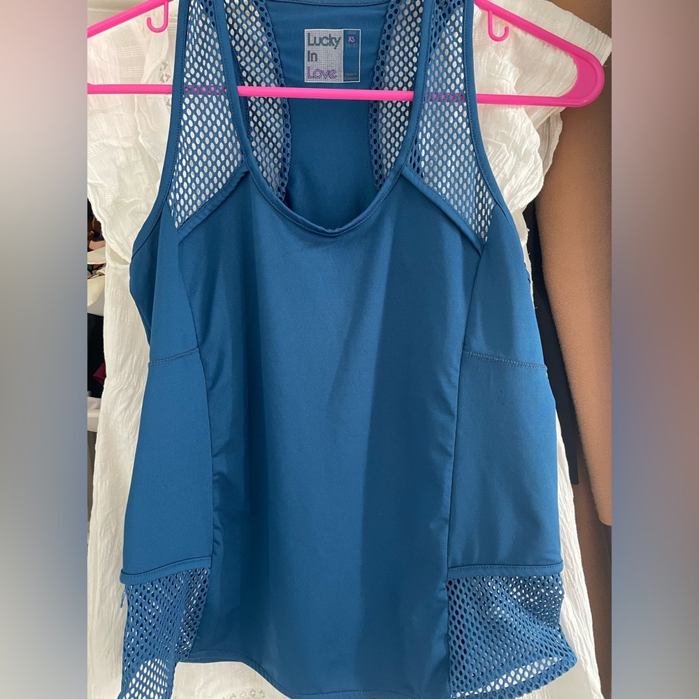 lucky in love blue tank top